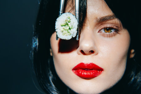 Elegant woman with sushi holding chopsticks, showcasing gourmet cuisine and beauty in a striking, colorful portrait with bold lipstick and a captivating expression.の写真素材