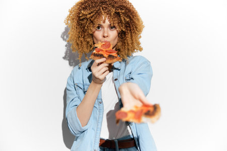 Young woman with curly hair joyfully holding pizza, showcasing a fun and casual food experience against a bright white background, celebrating youthful energy and indulgenceの写真素材