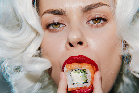 Captivating portrait of a woman with bold red lips and white hair, presenting sushi, showcasing a fusion of beauty and culinary delight.の写真素材