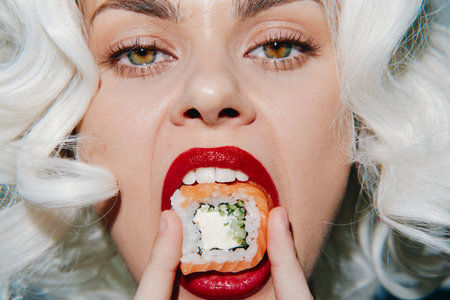 Woman with bold makeup enjoying sushi, featuring vibrant colors and playful expression, ideal for food and lifestyle themes.の写真素材