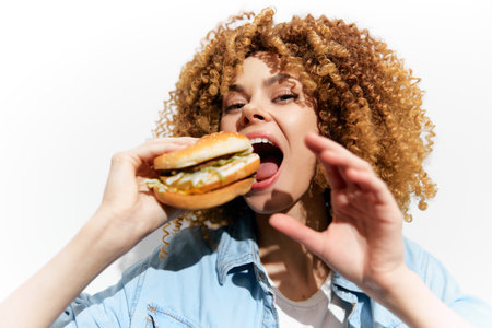 Young woman enjoying a tasty burger with excitement, showcasing her curly hair and casual outfit against a bright white background Perfect for food and lifestyle themesの写真素材