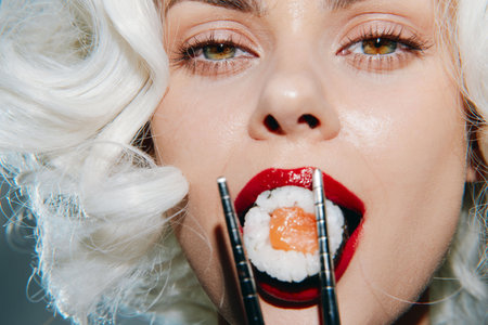 Glamorous woman with sushi in her mouth, showcasing bold red lips and stylish curls, perfect for food and beauty themes.の写真素材
