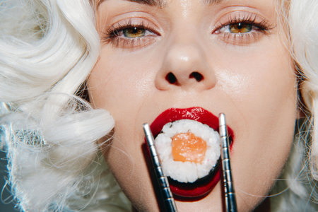 Attractive woman with blonde curly hair holding sushi with chopsticks, showcasing a bold red lip, emphasizing a vibrant food culture concept.の写真素材