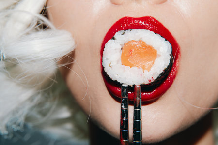 Close-up of a womans mouth with red lipstick holding sushi, showcasing modern cuisine with a vibrant, playful aesthetic and bold colors.の写真素材