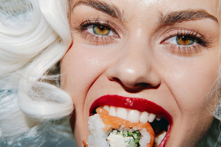 Glamorous woman with white hair enjoying sushi, showcasing vibrant colors and expressive emotions, perfect for food and lifestyle concepts.の写真素材