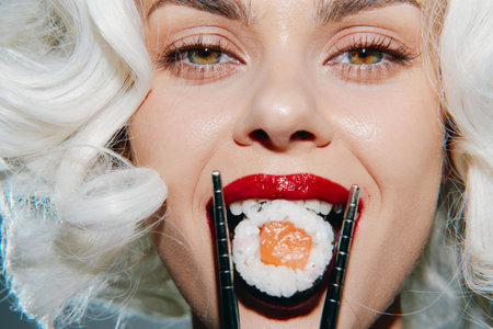 Young woman with curly blonde hair enjoying sushi, showcasing excitement with bright red lips and sushi roll in chopsticks.の写真素材