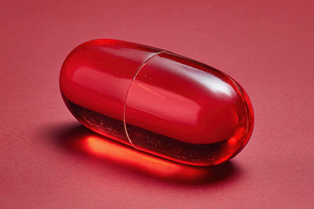Red transparent capsule on red surface with light reflection, closeup of medical pill for health, vitamin supplement, pharmaceutical drug and treatment concept.の素材