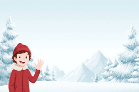 Boy in red winter coat and hat waving hand in snowy landscape with pine trees and mountains under clear sky during daytime.の素材