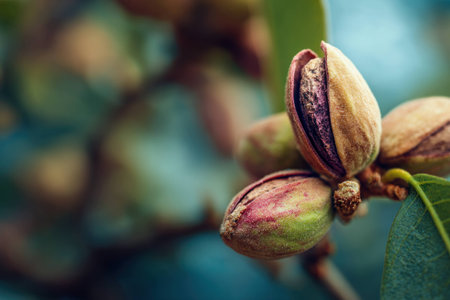 Pistachio nuts on tree branch with green leaves, close up of ripe and partially open shells in natural outdoor environment with blurred background.の素材