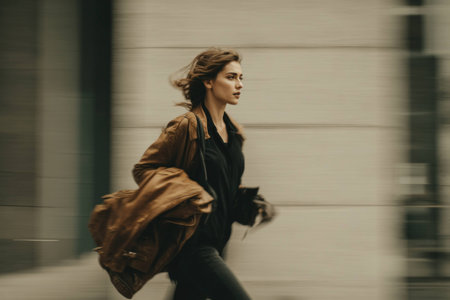 Woman walking fast outside wearing brown jacket and black clothes with motion blur on urban street with serious expression and wind blowing hair.の素材