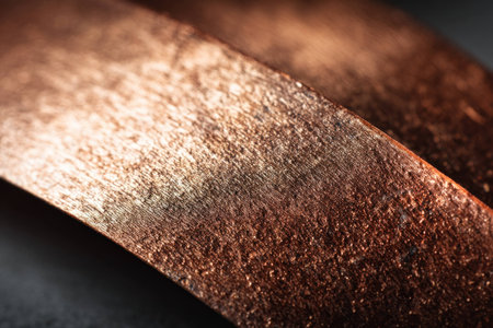 Copper metal texture close up with rough surface and shiny metallic details for industrial material and engineering background concept.の素材