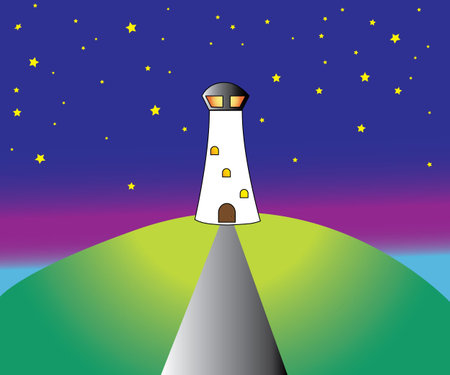 Lighthouse silhouette at night, vector illustrationのイラスト素材