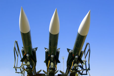 Several combat missiles aimed at the skyの写真素材