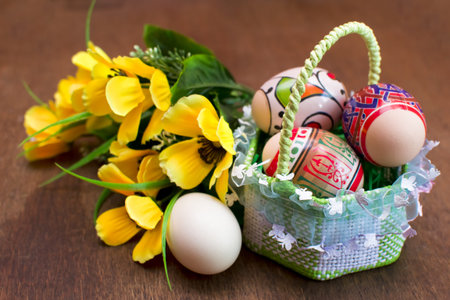 Easter eggs in basket on wooden background