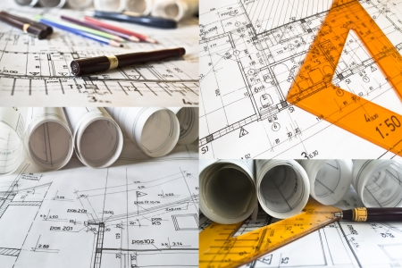 Collection and collage of architectural projects and rollsの写真素材