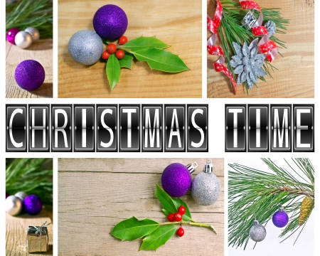 Christmas fir tree with decoration on a wooden boardの写真素材