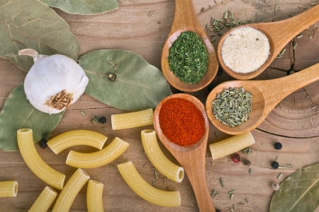 Spices on Wood table food preparation Food ingredientsの写真素材