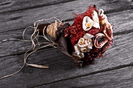 dry flower wedding  bouquet on vintage old woodの写真素材