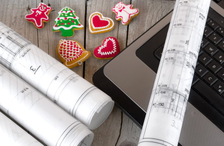 architect blueprints project and christmas gingerbread