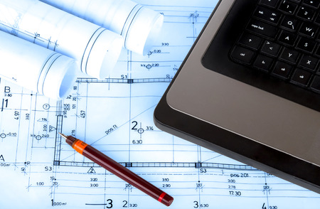 construction industry Architecture rolls architectural plans project architect blueprints real estate conceptの写真素材