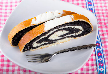 poppy seed strudel on kitchen tableの写真素材