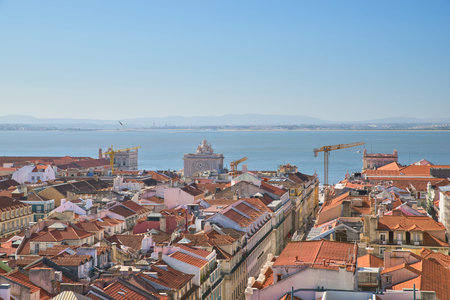Panoramic aerial view in heart of Lisbon, on hot summer day. Landmarks, Portugal.