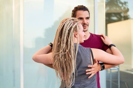 The teacher shows the student tango in summer Parkの写真素材