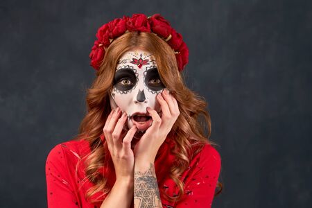 Day of dead holiday. Halloween. People in costumeの写真素材