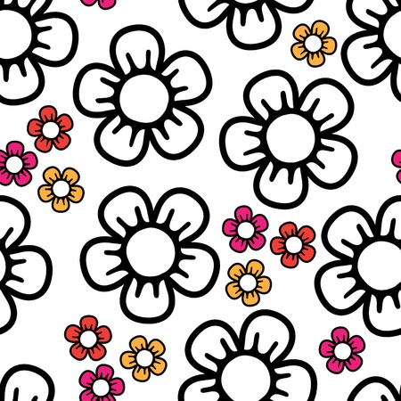 seamless background with big black and white and small colored abstract flowersのイラスト素材