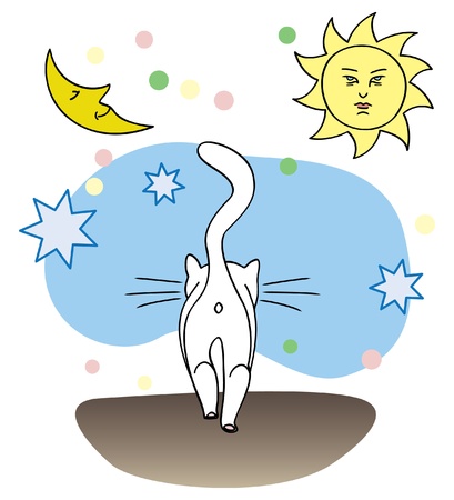 moon, sun and stars and cat walking on its ownのイラスト素材