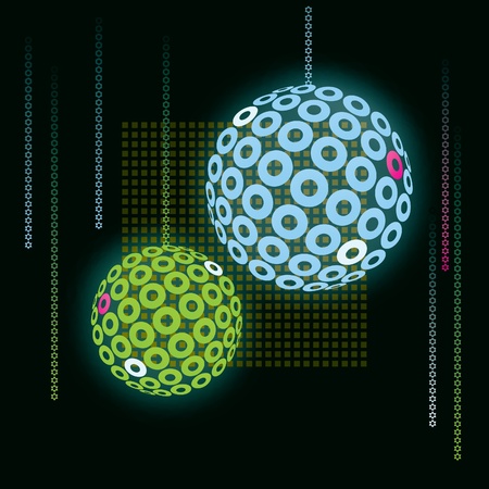 fluorescent green and blue neon spheres on deep black backdrop. new year and christmas themeのイラスト素材