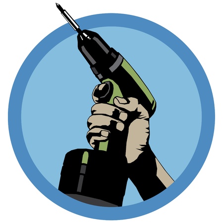 old poster style label with hand with drill silhouetteのイラスト素材