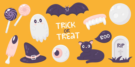 Halloween vector illustration with cute ghosts, candies and bats. Trick or treat.のイラスト素材