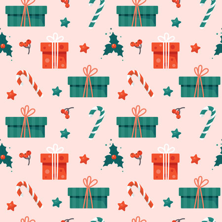 Seamless pattern with Christmas gift boxes and candy canes.のイラスト素材