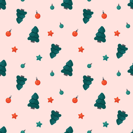 Seamless Christmas pattern with fir tree and christmas balls. Vector illustration.のイラスト素材