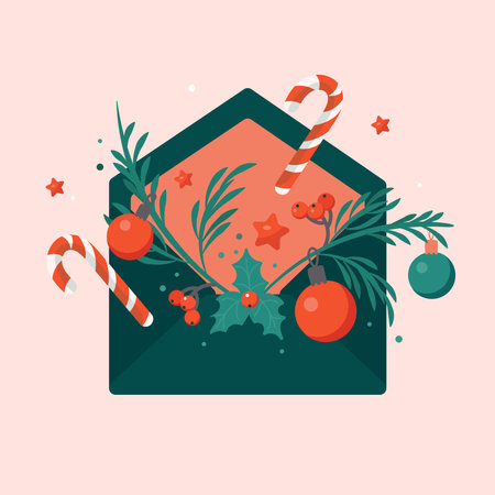 Christmas greeting card with candy canes and fir branches. Vector illustration in flat style.のイラスト素材