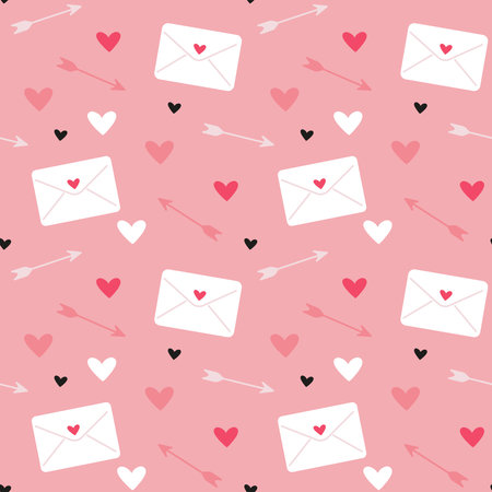 Seamless pattern with hearts, arrows and envelope on pink backgroundのイラスト素材