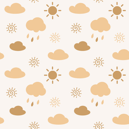 Seamless pattern with clouds, sun and rain. Vector illustration.のイラスト素材