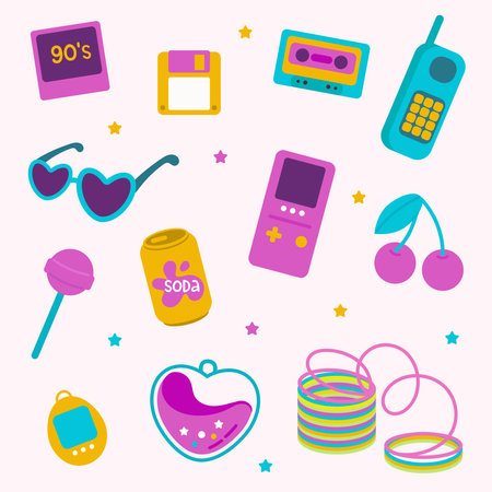 Set of colored icons on the theme of 90s. Vector illustration.のイラスト素材