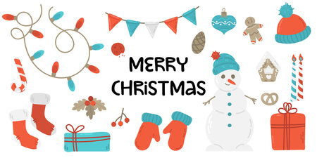 Merry Christmas and Happy New Year greeting card with cute cartoon snowman.のイラスト素材