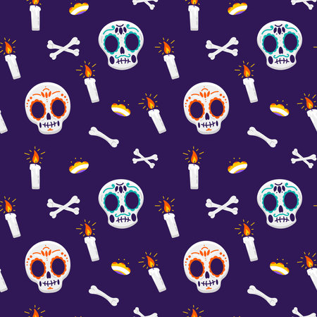 Seamless pattern with skulls, candles and bones. Halloween background.のイラスト素材