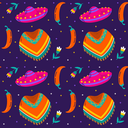 Mexican seamless pattern with sombrero, chilli pepper and mexican hat.のイラスト素材