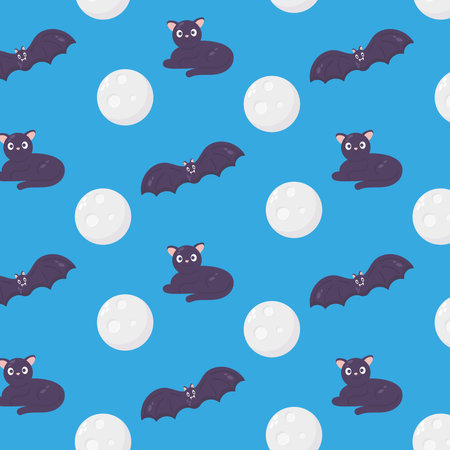 Seamless pattern with bats, moon and cat. Vector illustration.のイラスト素材