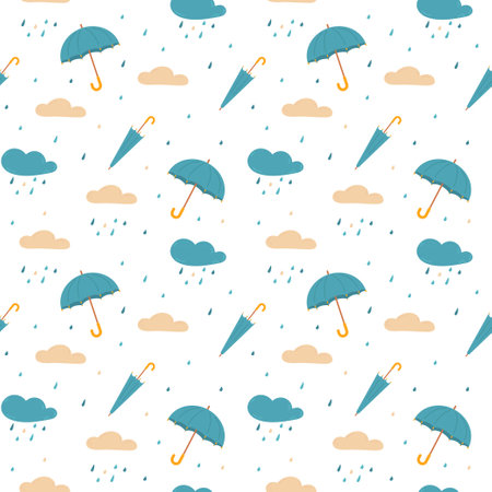 Seamless pattern with umbrellas and clouds. Vector illustration.のイラスト素材