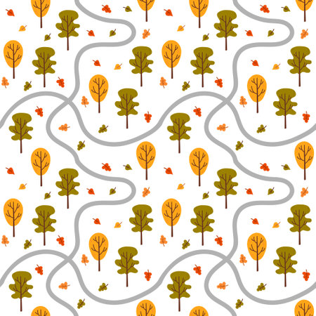 Seamless pattern with autumn trees and road. Vector illustration.のイラスト素材