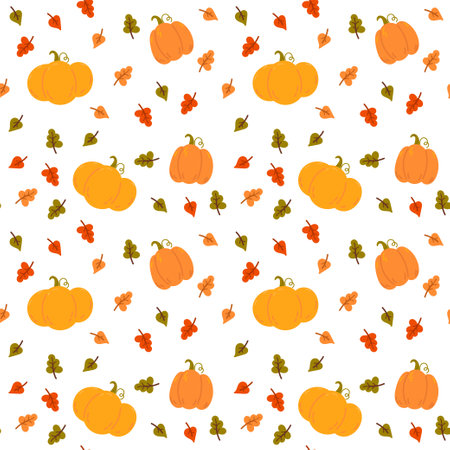 Seamless pattern with pumpkins, leaves and berries. Vector illustration.のイラスト素材