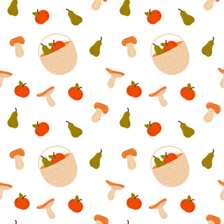 Seamless pattern with mushrooms, apples and vegetables. Vector illustrationのイラスト素材