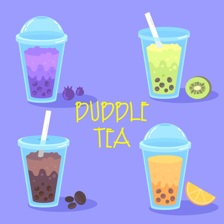 Fruit and berry smoothies in plastic cups. Vector illustration. Bubble teaのイラスト素材