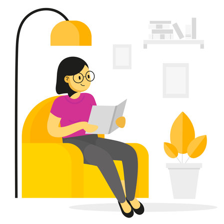 Woman reading a book in the living room vector flat design illustration isolated on white background.のイラスト素材