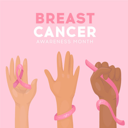 Breast Cancer Awareness Month. Female hands with pink ribbon. Vector illustrationのイラスト素材